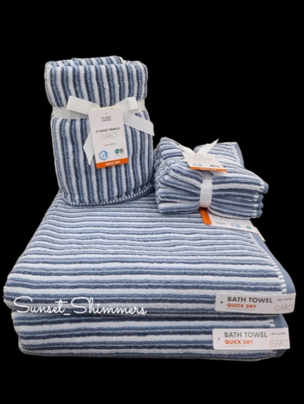 8pc Caro Home Blue Ombre Striped Bath Hand Washcloth Towel Set 100% Cotton NEW